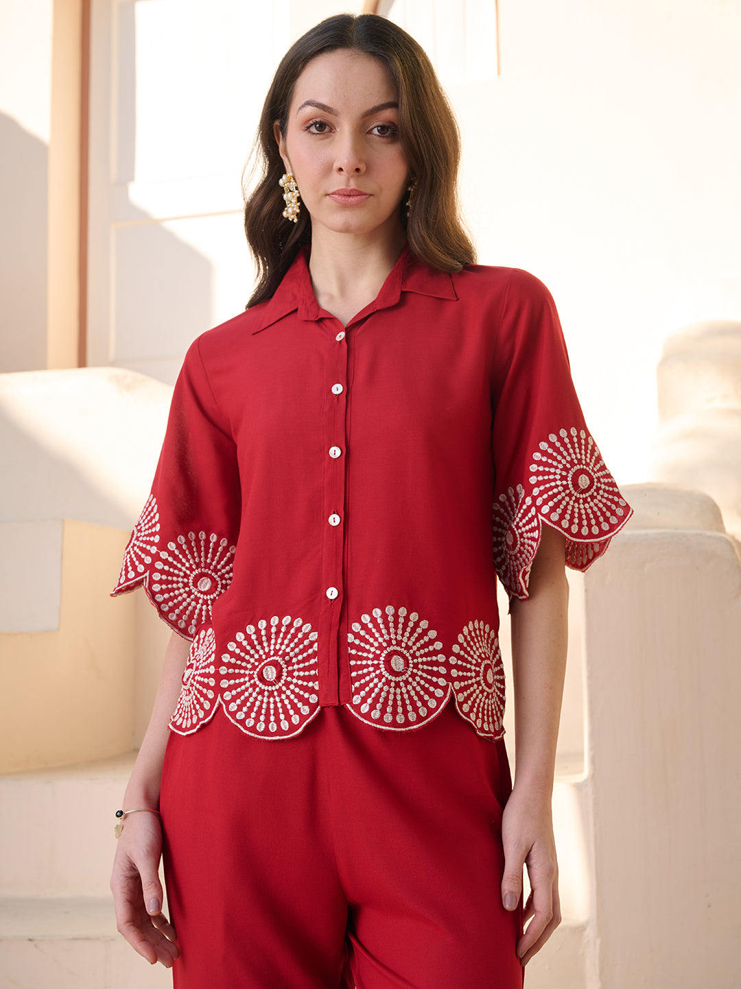 Stylum Women's Red Solid & Embroidered Cotton Blend Co-ord Set (CSREDGLOW)