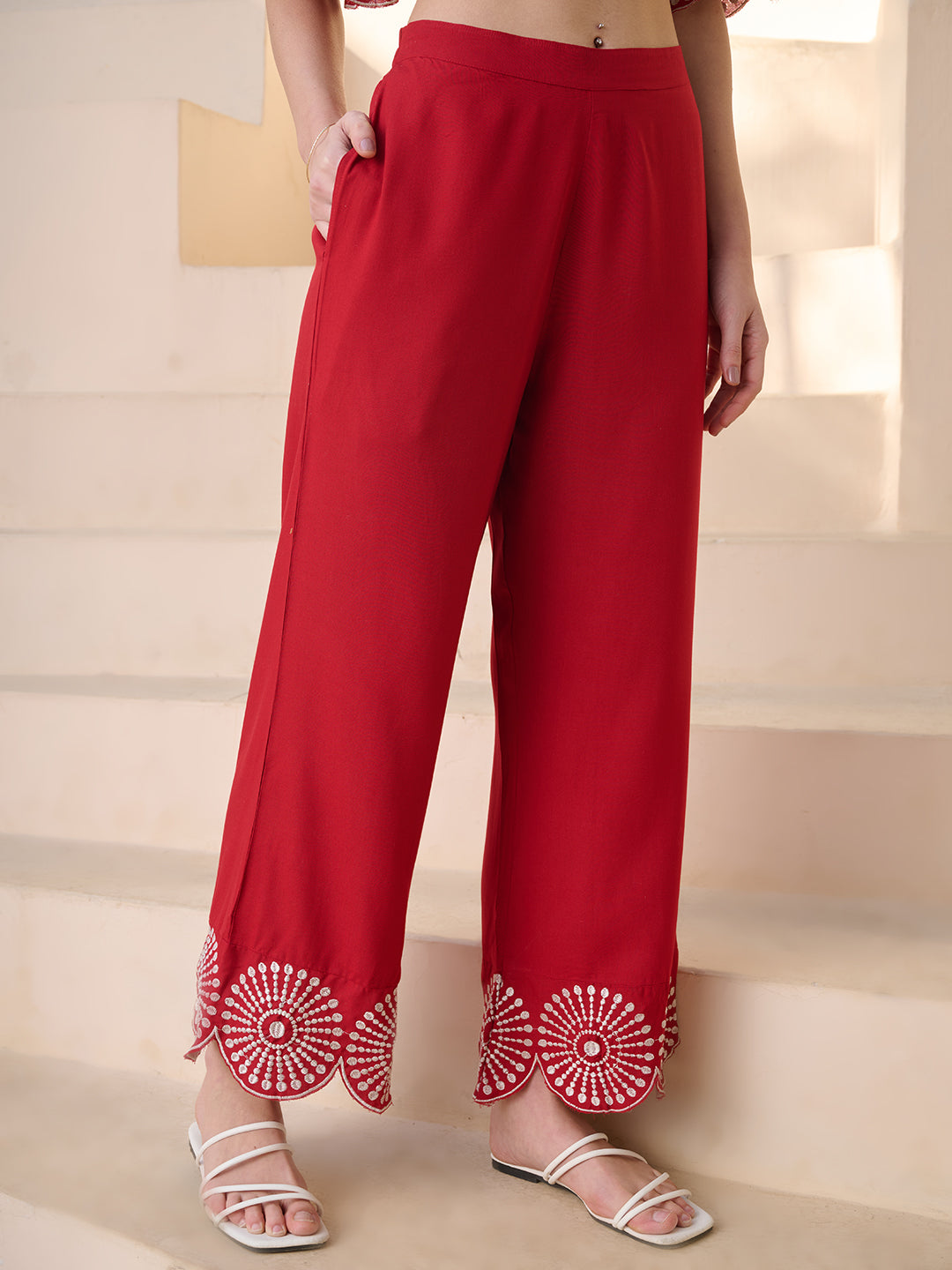 Stylum Women's Red Solid & Embroidered Cotton Blend Co-ord Set (CSREDGLOW)