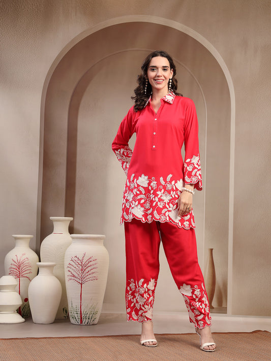 Stylum Women's Red Solid & Embroidered Rayon Co-Ord Set (CSREDYUSRA)