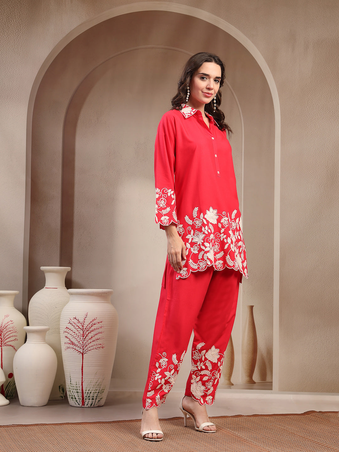 Stylum Women's Red Solid & Embroidered Rayon Co-Ord Set (CSREDYUSRA)