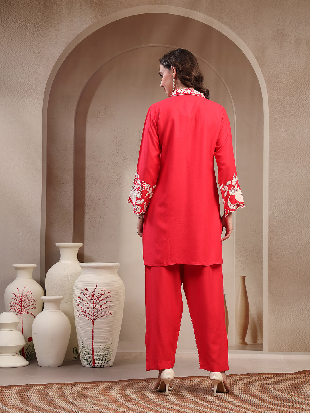 Stylum Women's Red Solid & Embroidered Rayon Co-Ord Set (CSREDYUSRA)