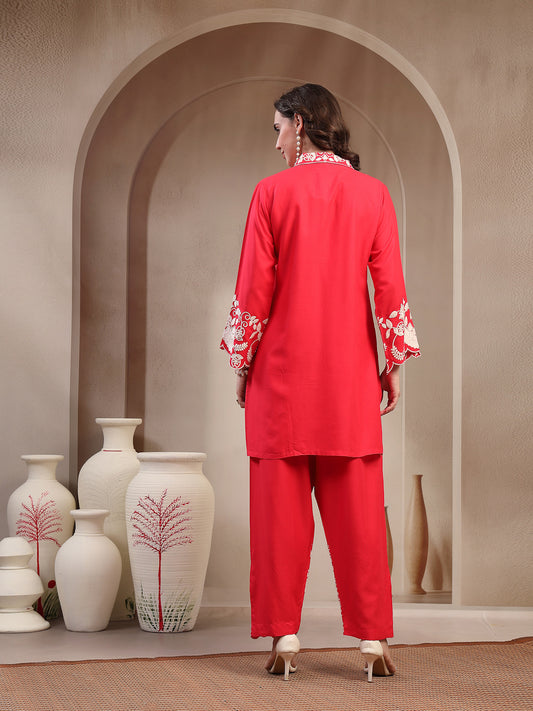 Stylum Women's Red Solid & Embroidered Rayon Co-Ord Set (CSREDYUSRA)