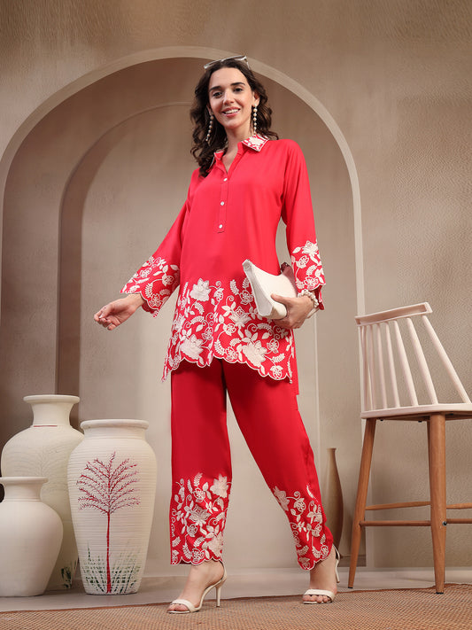 Stylum Women's Red Solid & Embroidered Rayon Co-Ord Set (CSREDYUSRA)