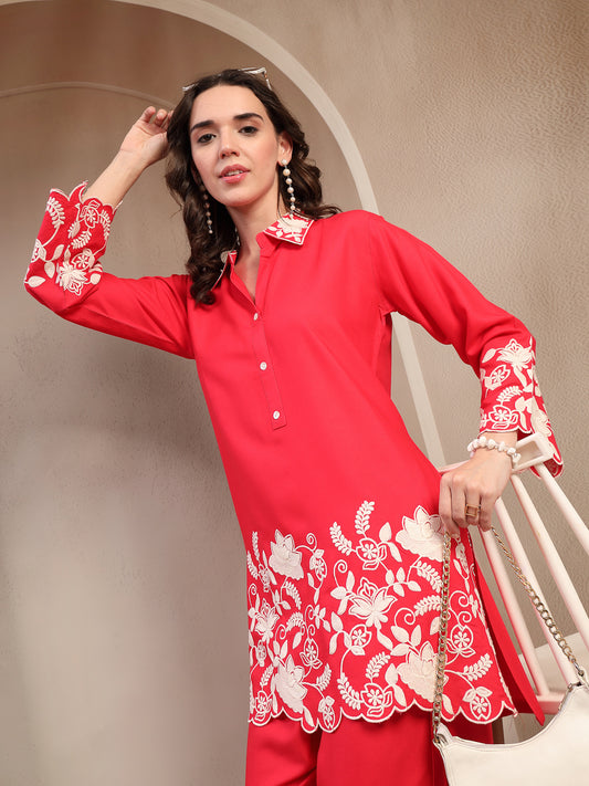Stylum Women's Red Solid & Embroidered Rayon Co-Ord Set (CSREDYUSRA)