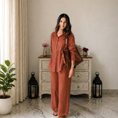 Stylum Women's Rust Solid Crused Rayon Co-Ord Set (CSRUSTSIDAN)
