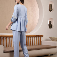 Stylum Women's Blue Solid & Embroidered Rayon Co-Ord Set (CSSKYZALAK)