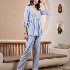 Stylum Women's Blue Solid & Embroidered Rayon Co-Ord Set (CSSKYZALAK)