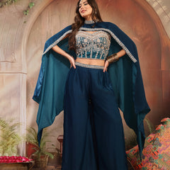 Stylum Women's Teal Solid & Embroidered Velvet Co-Ord Set (CSTEALBHAVYA)