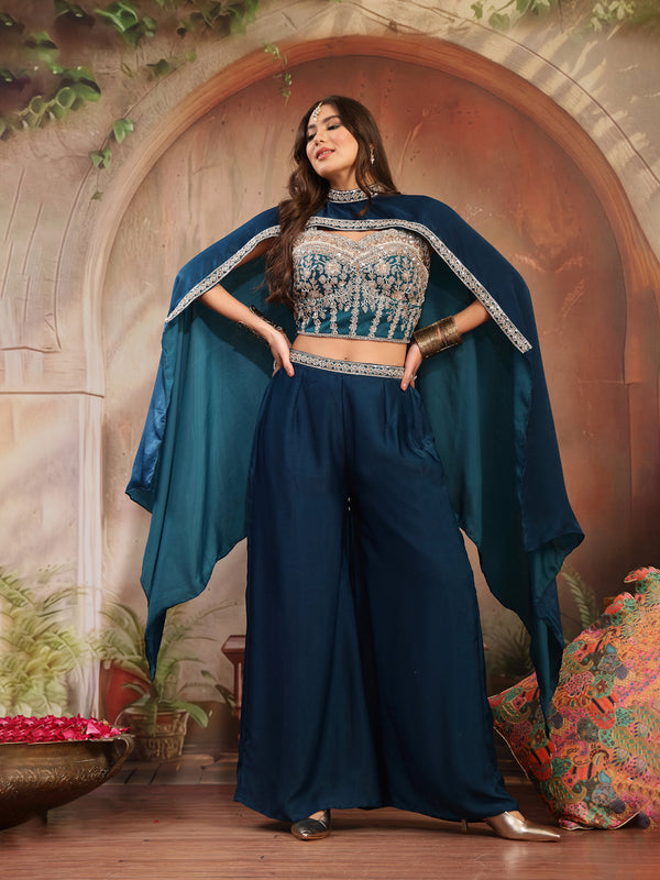 Stylum Women's Teal Solid & Embroidered Velvet Co-Ord Set (CSTEALBHAVYA)