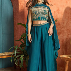 Stylum Women's Teal Solid & Embroidered Velvet Co-Ord Set (CSTEALBHAVYA)