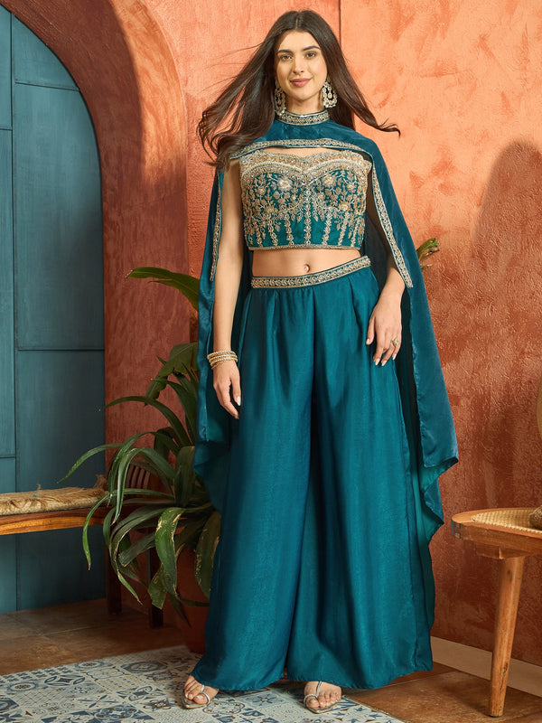 Stylum Women's Teal Solid & Embroidered Velvet Co-Ord Set (CSTEALBHAVYA)