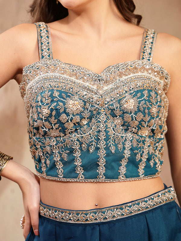 Stylum Women's Teal Solid & Embroidered Velvet Co-Ord Set (CSTEALBHAVYA)