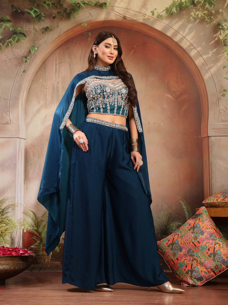 Stylum Women's Teal Solid & Embroidered Velvet Co-Ord Set (CSTEALBHAVYA)