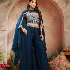 Stylum Women's Teal Solid & Embroidered Velvet Co-Ord Set (CSTEALBHAVYA)