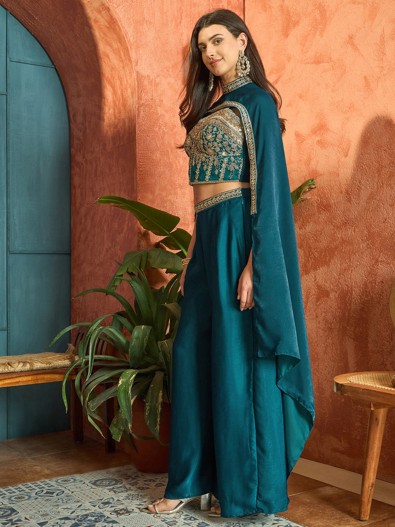 Stylum Women's Teal Solid & Embroidered Velvet Co-Ord Set (CSTEALBHAVYA)