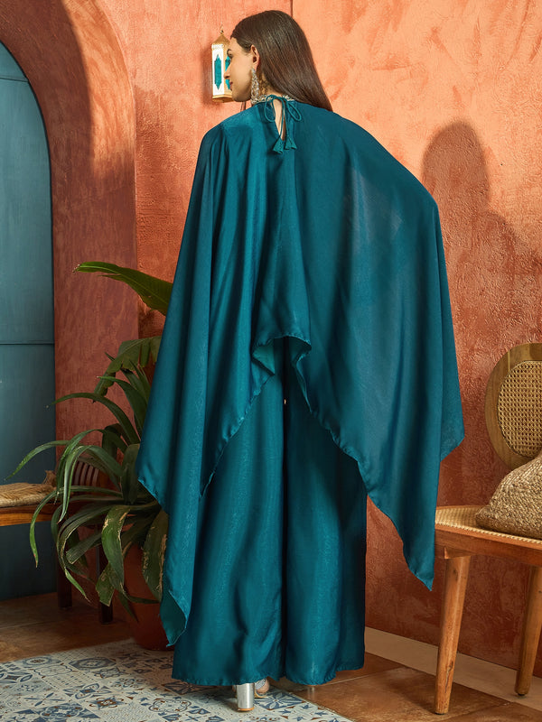 Stylum Women's Teal Solid & Embroidered Velvet Co-Ord Set (CSTEALBHAVYA)