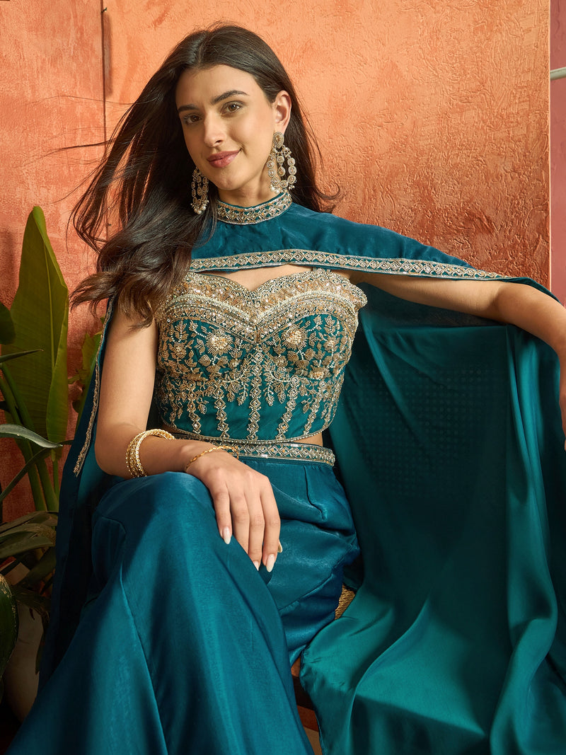 Stylum Women's Teal Solid & Embroidered Velvet Co-Ord Set (CSTEALBHAVYA)