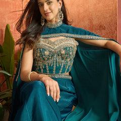 Stylum Women's Teal Solid & Embroidered Velvet Co-Ord Set (CSTEALBHAVYA)