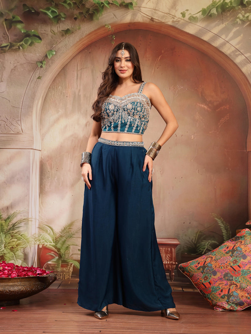 Stylum Women's Teal Solid & Embroidered Velvet Co-Ord Set (CSTEALBHAVYA)