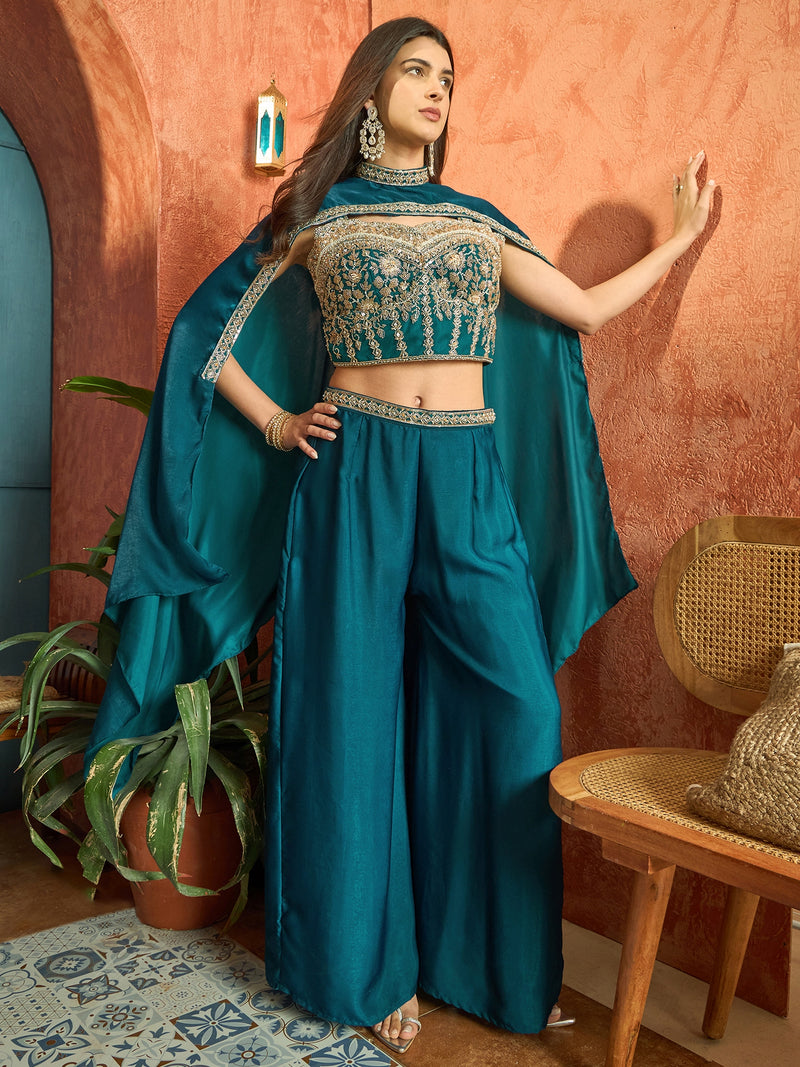 Stylum Women's Teal Solid & Embroidered Velvet Co-Ord Set (CSTEALBHAVYA)