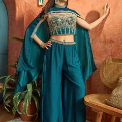 Stylum Women's Teal Solid & Embroidered Velvet Co-Ord Set (CSTEALBHAVYA)