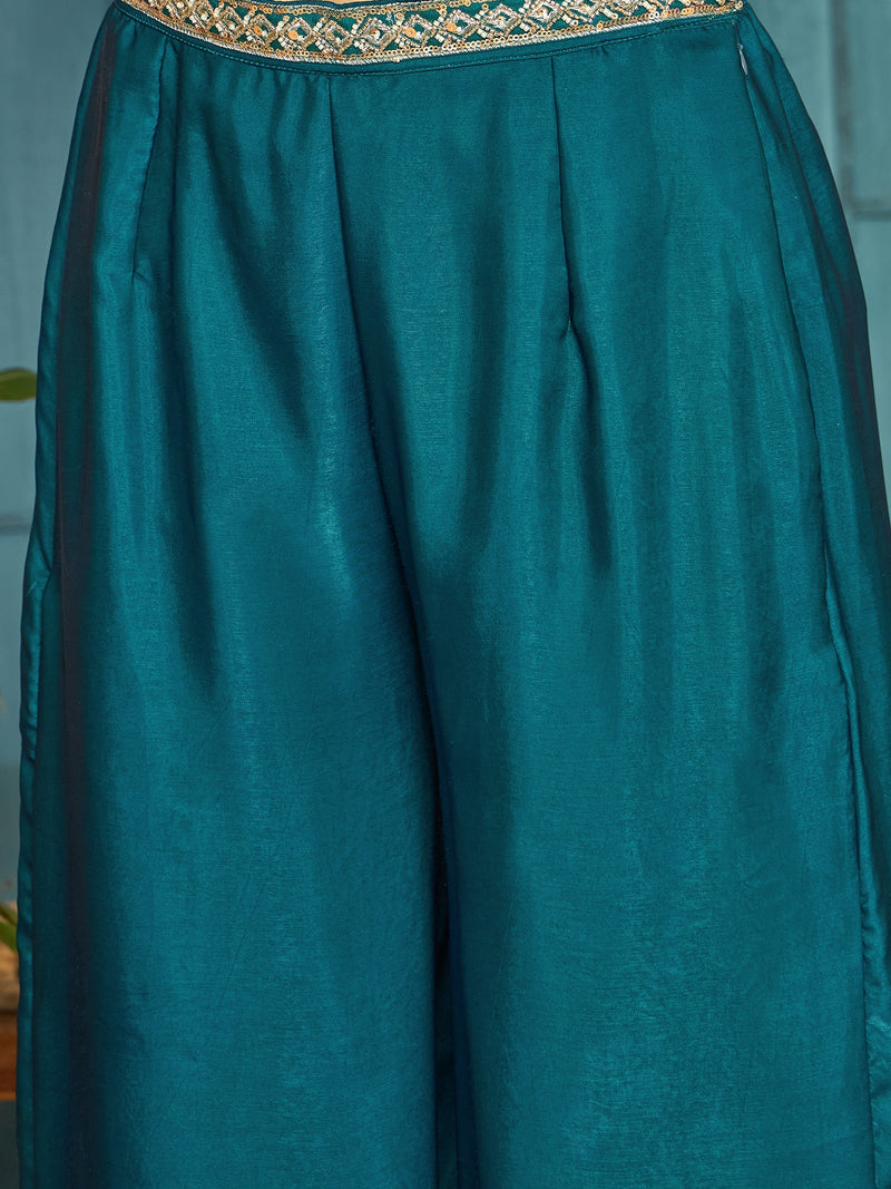 Stylum Women's Teal Solid & Embroidered Velvet Co-Ord Set (CSTEALBHAVYA)