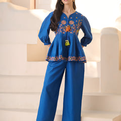 Stylum Women's Teal Solid & Embroidered Cotton Blend Co-ord Set (CSTEALRUHI)