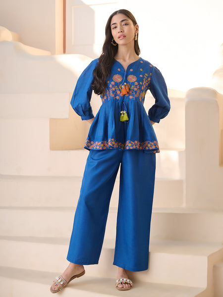 Stylum Women's Teal Solid & Embroidered Cotton Blend Co-ord Set (CSTEALRUHI)