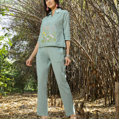 Women's Turquoise Solid & Embroidered Cotton Co-ord Set (CSTURQLUZON)