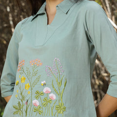 Women's Turquoise Solid & Embroidered Cotton Co-ord Set (CSTURQLUZON)