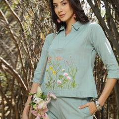 Women's Turquoise Solid & Embroidered Cotton Co-ord Set (CSTURQLUZON)
