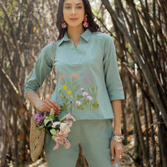 Women's Turquoise Solid & Embroidered Cotton Co-ord Set (CSTURQLUZON)