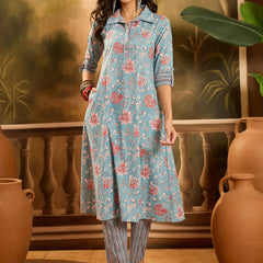 Stylum Women's Turq Blue Floral Printed Cotton Co-ords Set (CSTURQRANJAN)