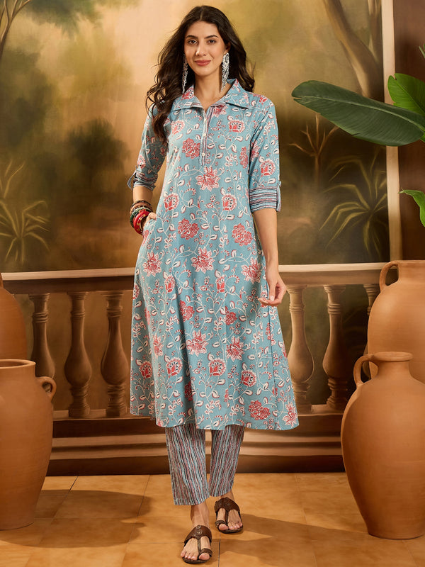 Stylum Women's Turq Blue Floral Printed Cotton Co-ords Set (CSTURQRANJAN)