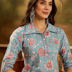 Stylum Women's Turq Blue Floral Printed Cotton Co-ords Set (CSTURQRANJAN)