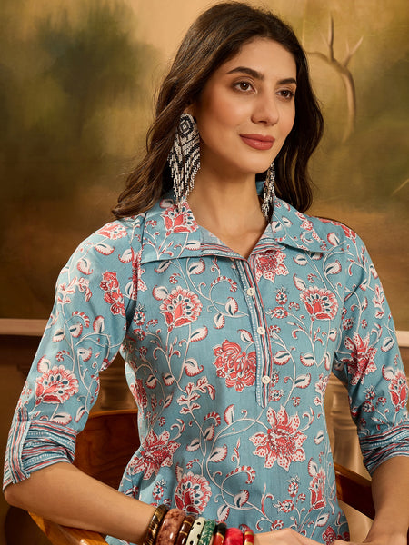 Stylum Women's Turq Blue Floral Printed Cotton Co-ords Set (CSTURQRANJAN)
