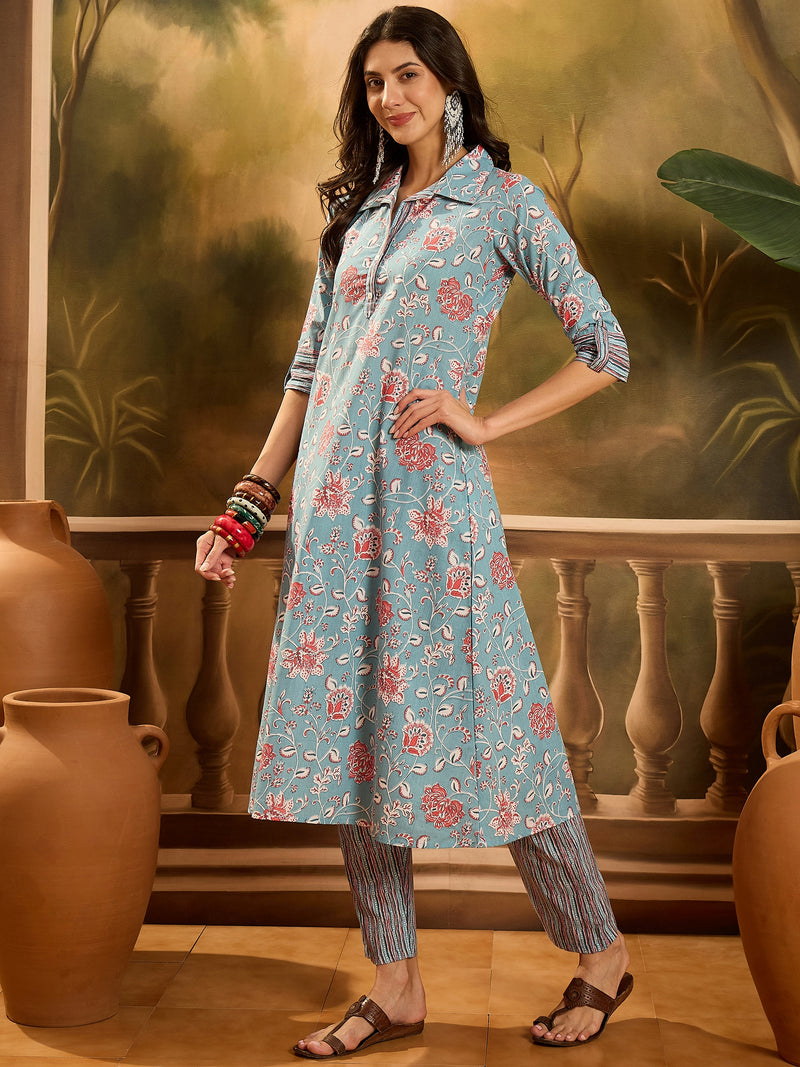Stylum Women's Turq Blue Floral Printed Cotton Co-ords Set (CSTURQRANJAN)