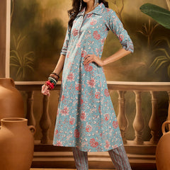 Stylum Women's Turq Blue Floral Printed Cotton Co-ords Set (CSTURQRANJAN)