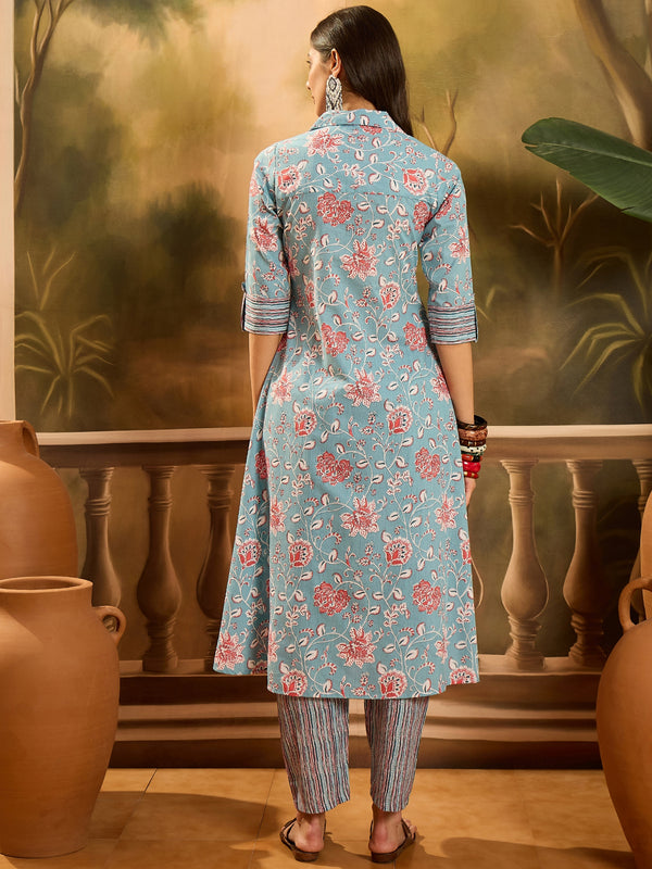 Stylum Women's Turq Blue Floral Printed Cotton Co-ords Set (CSTURQRANJAN)