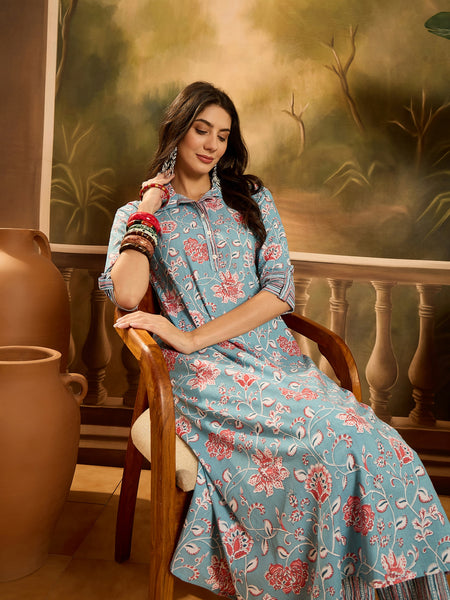 Stylum Women's Turq Blue Floral Printed Cotton Co-ords Set (CSTURQRANJAN)