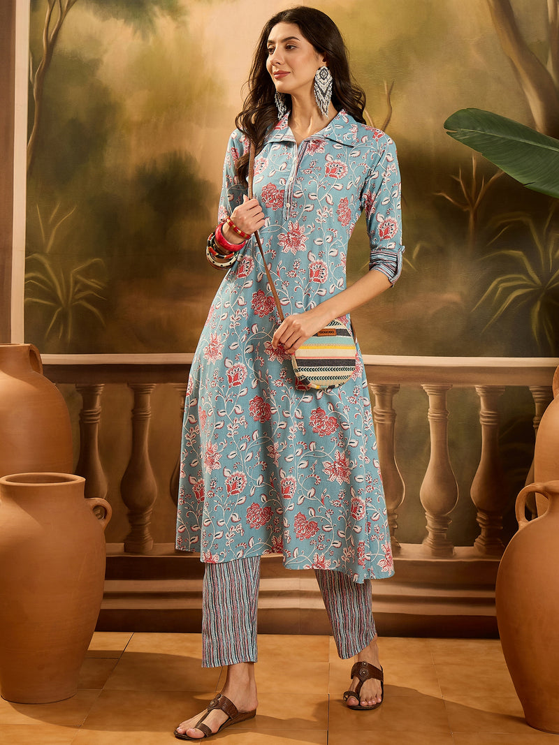 Stylum Women's Turq Blue Floral Printed Cotton Co-ords Set (CSTURQRANJAN)