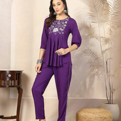 Stylum Women's Violet Solid & Embroidered Cotton Co-ord Set (CSVOILCHOPTA)
