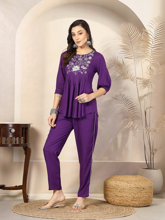 Stylum Women's Violet Solid & Embroidered Cotton Co-ord Set (CSVOILCHOPTA)