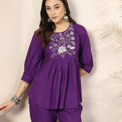 Stylum Women's Violet Solid & Embroidered Cotton Co-ord Set (CSVOILCHOPTA)