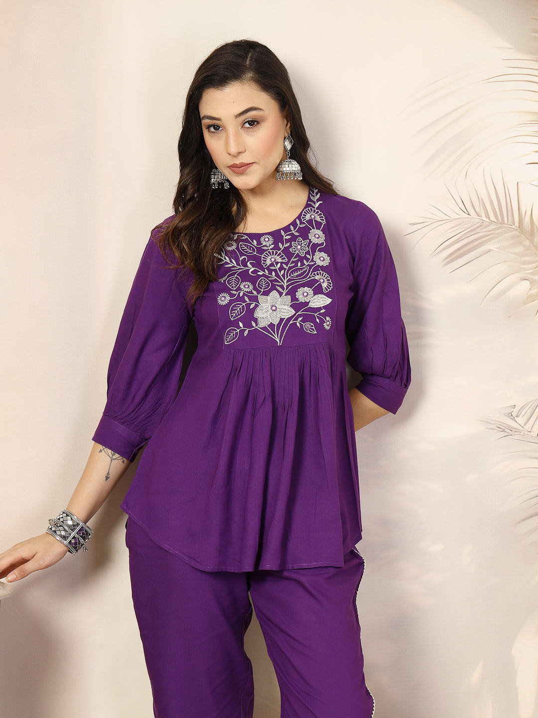 Stylum Women's Violet Solid & Embroidered Cotton Co-ord Set (CSVOILCHOPTA)