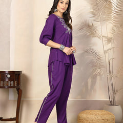 Stylum Women's Violet Solid & Embroidered Cotton Co-ord Set (CSVOILCHOPTA)