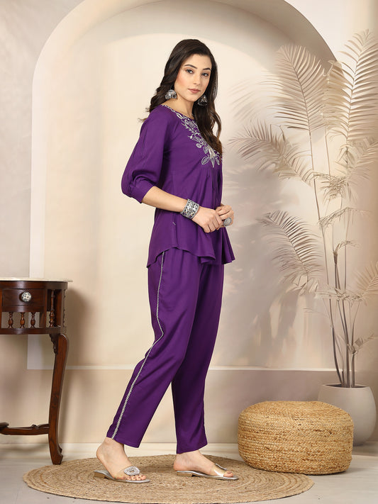 Stylum Women's Violet Solid & Embroidered Cotton Co-ord Set (CSVOILCHOPTA)