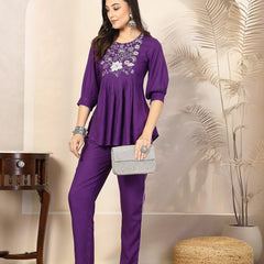 Stylum Women's Violet Solid & Embroidered Cotton Co-ord Set (CSVOILCHOPTA)