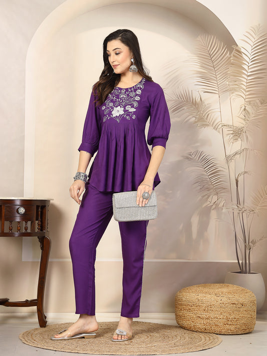 Stylum Women's Violet Solid & Embroidered Cotton Co-ord Set (CSVOILCHOPTA)