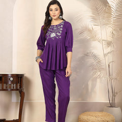 Stylum Women's Violet Solid & Embroidered Cotton Co-ord Set (CSVOILCHOPTA)